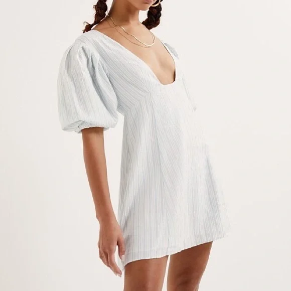 NWT For Love & Lemons Leslie Blue Striped Puff Sleeve Mini Dress - Picture 3 of 16